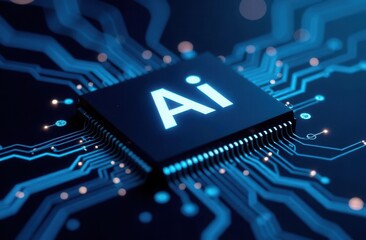 Ai technology concept with glowing circuit board and central microchip