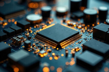 Close-up of electronic circuit board with microchip and glowing elements