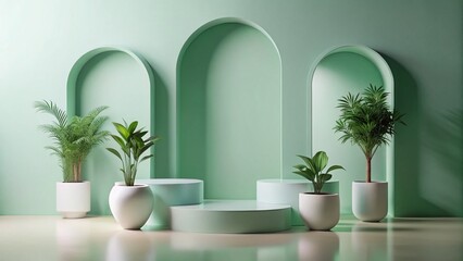 Modern Pastel Arch Background, White Podiums, Green Plants - Minimalist Product Display