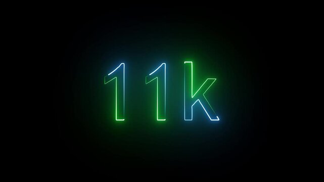 glowing neon 11K text animation on black background. 11k Followers Celebration text animation.