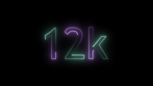 glowing neon 12K text animation on black background. 12k Followers Celebration text animation.
