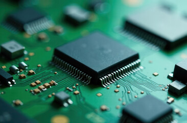 Close-up of green circuit board with microchips and electronic components