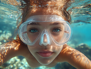 Naklejka premium Smiling Child Enjoys a Playful Swim in a Pool on a Sunny Day While Wearing a Colorful Swim Outfit and Headband