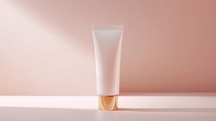 Luxurious body lotion in a matte white tube with a gold cap, showcasing the light pink emulsion inside, for a minimalist, hyper-realistic, clean cosmetic aesthetic