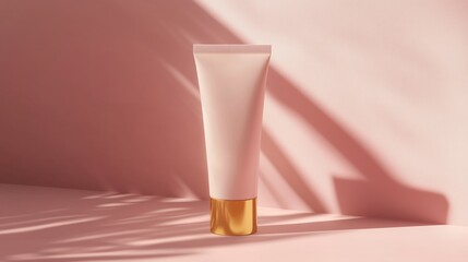 Luxurious body lotion in a matte white tube with a gold cap, showcasing the light pink emulsion inside, for a minimalist, hyper-realistic, clean cosmetic aesthetic