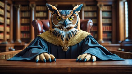 An owl dressed in judicial robes sits at a desk in a library, symbolizing wisdom and authority in a whimsical, scholarly setting.