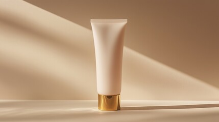 Luxurious body lotion in a matte white tube with a gold cap, showcasing the light pink emulsion inside, for a minimalist, hyper-realistic, clean cosmetic aesthetic