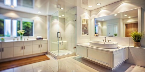 Fototapeta premium Modern White Bathroom Corner Tub & Shower - Tilt-Shift Miniature Photography