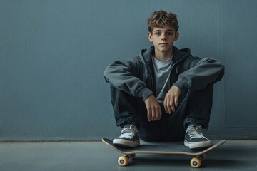 Flawless Picture of Portrait of a Teenage Boy Sitting on Skateboard