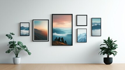 Several framed posters hang evenly spaced on a white wall in soft lighting