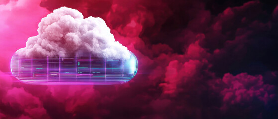Cloud based file storage concept. Futuristic cloud with vibrant colors and digital elements.