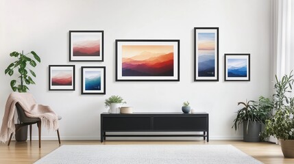 Several framed posters hang evenly spaced on a white wall in soft lighting