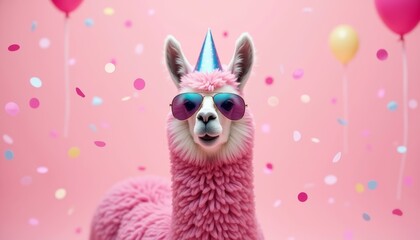 Delightful llama wearing a blue party hat and sunglasses against a festive pink background with floating colorful confetti creating a celebratory atmosphere