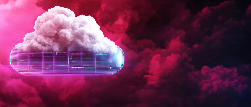 Cloud based file storage concept. Futuristic cloud with vibrant colors and digital elements.