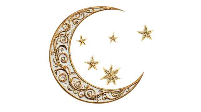 Ornate gold crescent moon and stars design