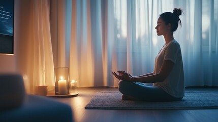 Soft light filters through sheer curtains onto a person meditating on a mat, with a glowing candle and laptop subtly suggesting a guided session, creating a calming, mindful atmosphere