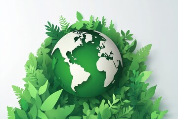 Green Earth Globe Surrounded by Lush Greenery and Vibrant Leaves for Eco Awareness