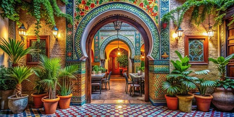 Obraz premium Moroccan Restaurant Entrance: Inviting Archway & Colorful Decor Stock Photo
