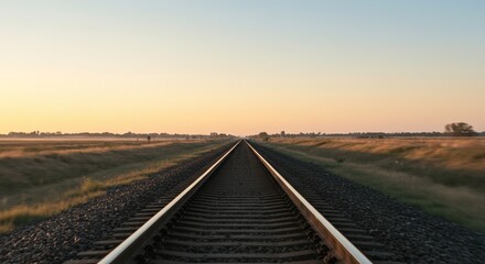 Sunrise on the railroad tracks stretching towards the horizon, a journey ahead