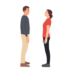 Couple maintaining eye contact in a neutral or serious manner, conversation or confrontation. Flat vector illustration isolated on white background