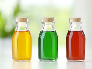 Three small glass bottles with yellow green and red liquid solutions in laboratory setting science experiment concept
