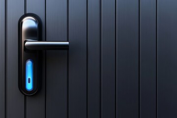 Obraz premium Door handle with smart locking mechanism on a modern wooden door panel in a contemporary setting