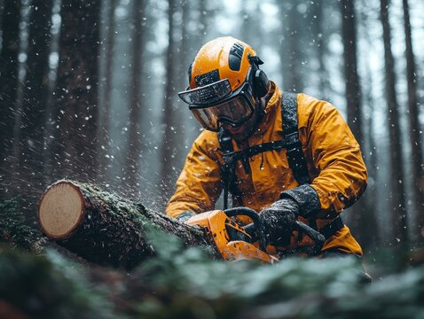 Professional Lumberjack Using Chainsaw in Rainforest: Sustainable Tree Cutting in Action with Full Safety Gear and Equipment