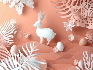 Obraz premium Whimsical 3D Paper Art: White Rabbit's Easter Celebration in a Floral Spring Forest