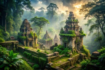 Mystical Foggy Jungle Ancient Temple Ruins - Long Exposure Stock Photo