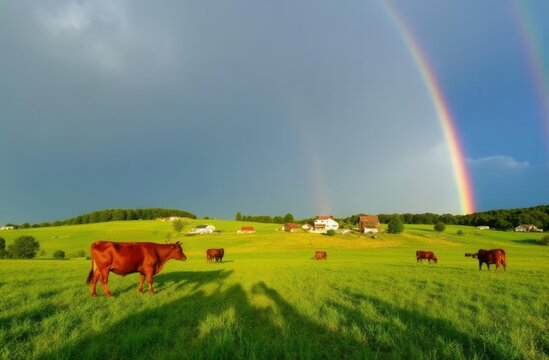 Cows grazing on lush green field beneath double rainbow in rural countryside - Powered by Adobe
