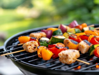 Outdoor barbecue scene with skewers of marinated meat and vegetables grilling over an open fire representing summer gatherings and outdoor cooking