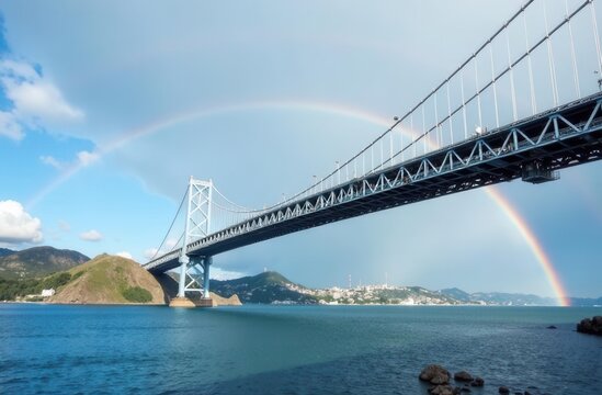 Spectacular double rainbow over kanmon bridge and blue ocean skies in japan