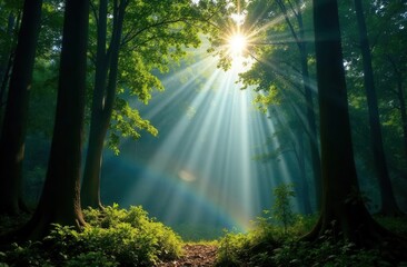 Sunlight streaming through forest canopy illuminating lush greenery