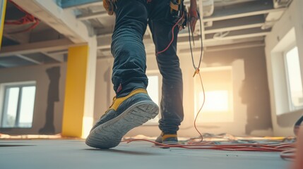 Fototapeta premium Electrician Walking in New Building Construction.