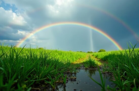 Vibrant double rainbow over lush green field with dramatic clouds