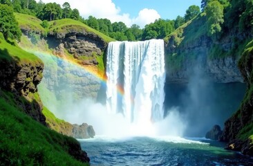 Fototapeta premium Majestic waterfall with vibrant rainbow in lush green forest landscape
