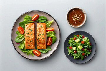 Grilled salmon fillets with fresh salad and teriyaki sauce.