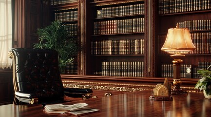 the interior of an old-style law office, featuring rich mahogany furniture and bookshelves filled with leather-bound books