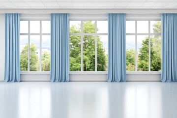 Fototapeta premium Spacious hospital recovery room with large windows blue curtains and empty patient beds symbolizing patient comfort modern healthcare and clinical environment standards
