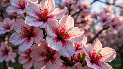 Stunning close-up of Japanese Fuji Sakura blossoms showcasing delicate pink petals and vibrant red accents. Concept highlights Japanese Fuji Sakura beauty and natural elegance