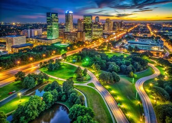 Naklejka premium Night Aerial: Washington Heights, Buffalo Bayou, Memorial Drive Intersection