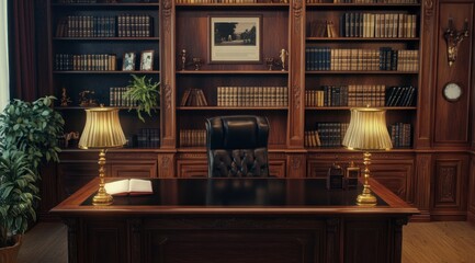 the interior of an old-style law office, featuring rich mahogany furniture and bookshelves filled with leather-bound books