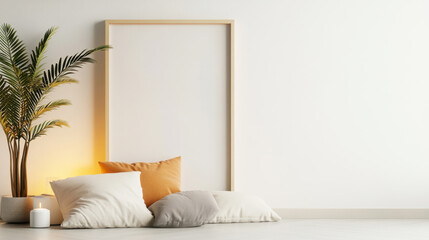 Minimalist room with blank canvas, cushions, candle, and potted plant