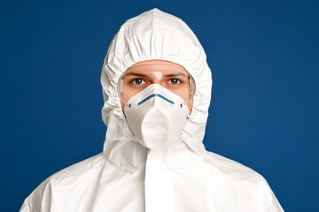 Man in full body protective medical suit and respirator mask standing against a blue background representing medical safety and biosecurity preparedness