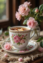 Cup of soup with flowers on wooden table