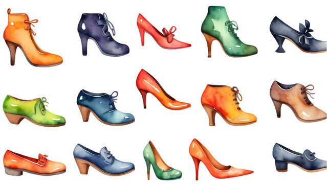 Colorful Heels Collection Fashionable Watercolor Style Shoes Isolated on Black