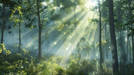 Obraz premium Sunlight beams through a lush, green forest.