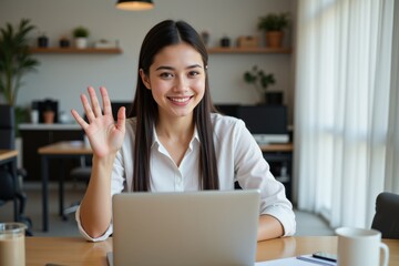 Fototapeta premium A young Asian woman in a white blouse smiles and waves at the camera while sitting at a laptop in a modern workspace filled with plants, promoting a friendly and professional atmosphere.