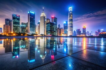 Obraz premium Night Cityscape Reflection - Polished Concrete, Urban Skyline, Downtown