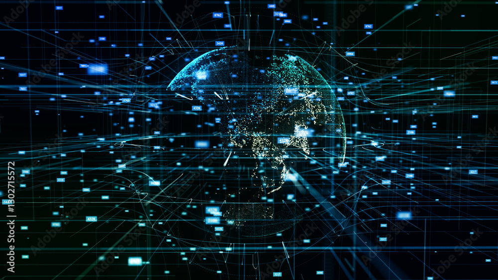 Poster virtual planet earth with data connection network. technological digital globe world background. abs